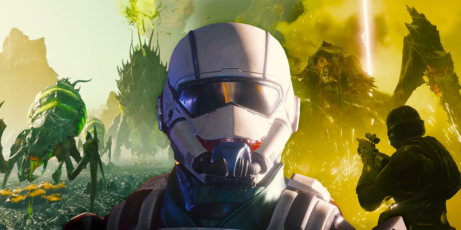 A Helldivers 2 character in front of scenes of action combat against alien forces.