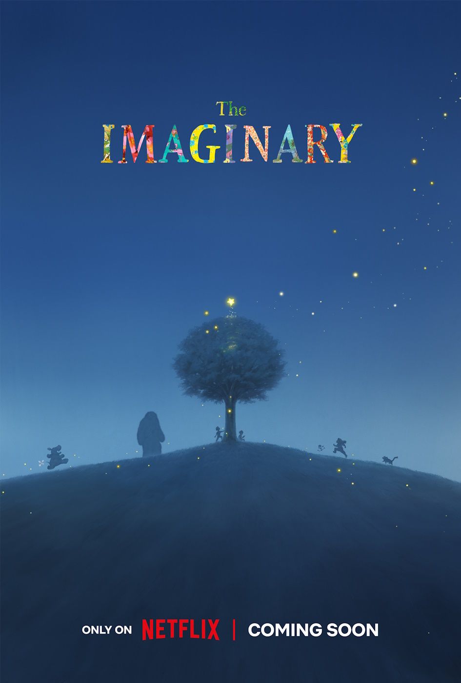 Promotional image from Studio Ponoc and Netflix showing colorful type setting and a tree in the center of a field at night.