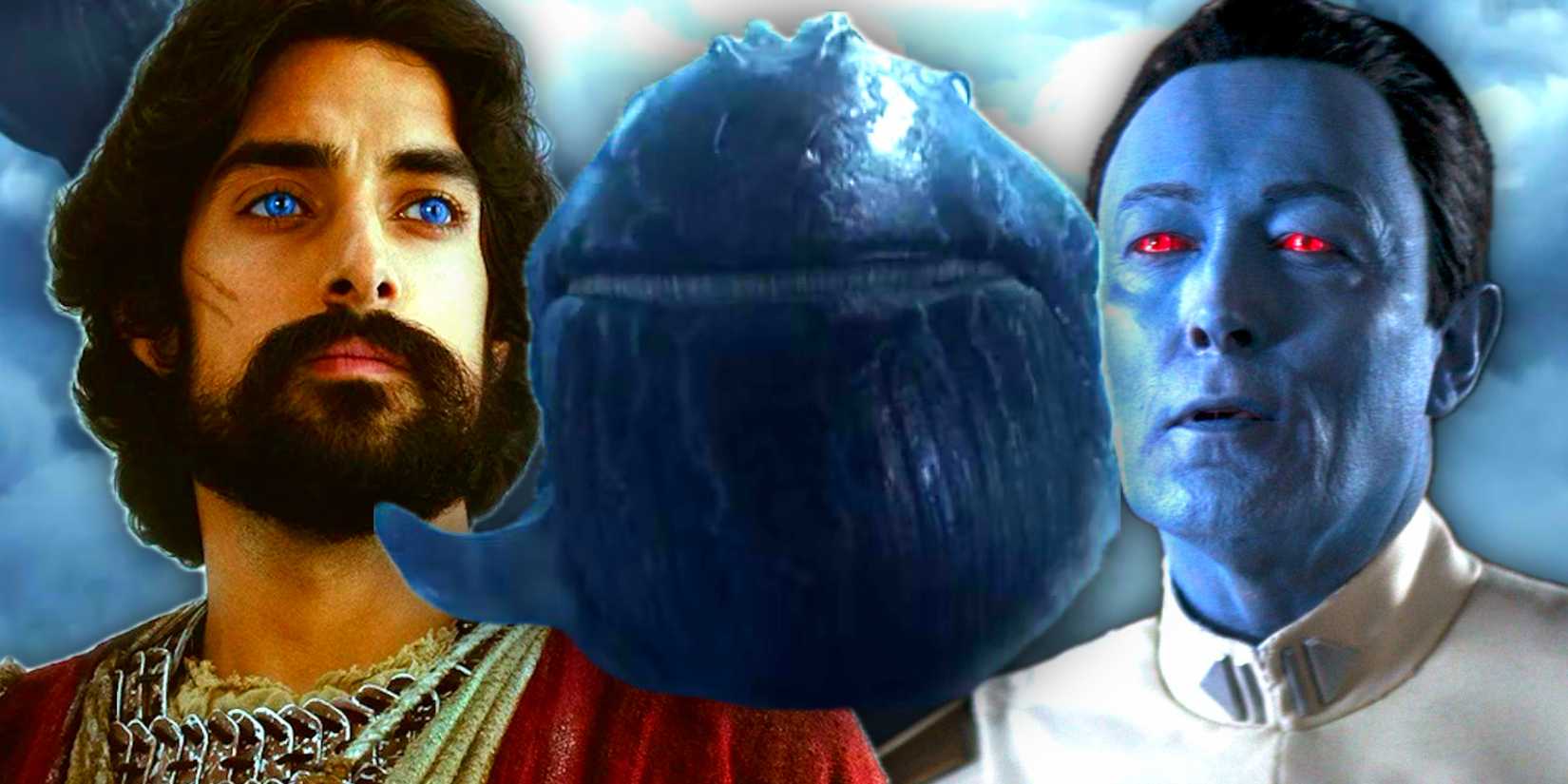 Lars Mikkelsen's Grand Admiral Thrawn and Eman Esfandi's Ezra Bridger split between a purrgil in Ahsoka