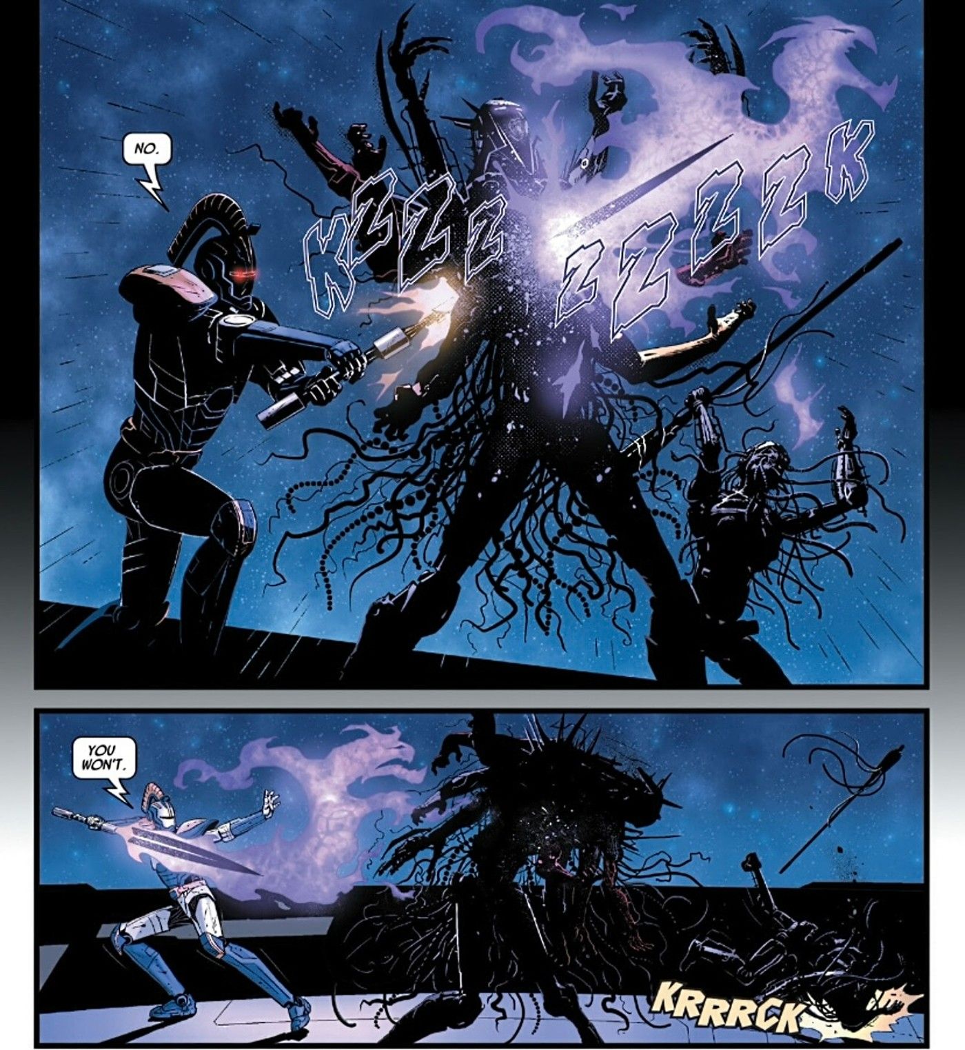 Dark Droids #5, Ajax Sigma stabs the Scourge, defeating it