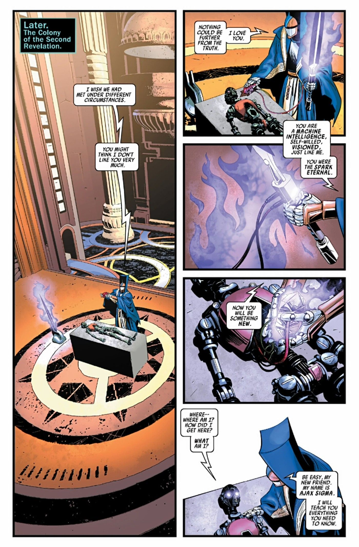 page from Dark Droids #5, Ajax Sigma resurrects the Spark Eternal as one of the 