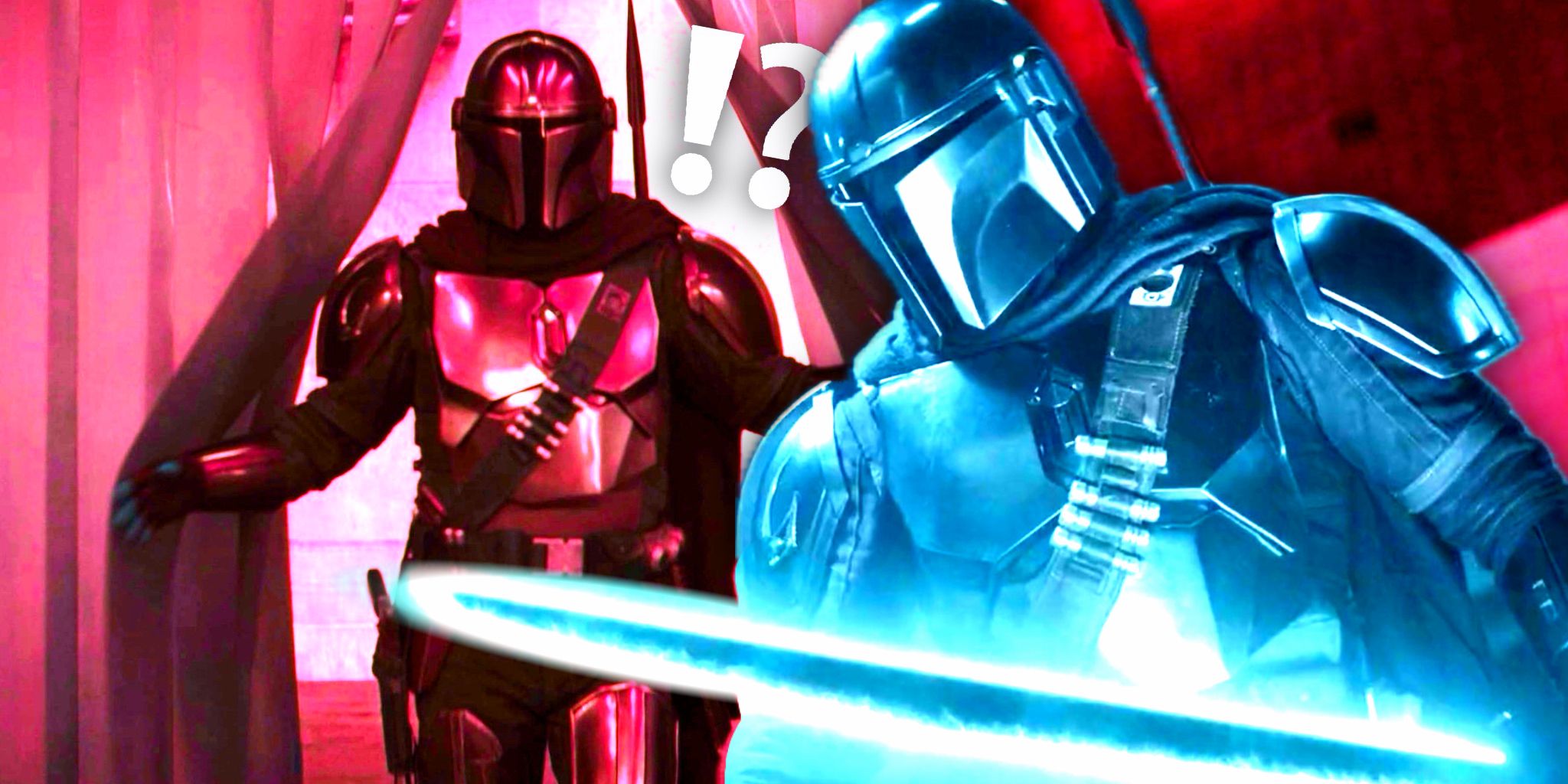 Din Djarin with the Darksaber superimposed over Din Djarin's return in The Book of Boba Fett chapter 5
