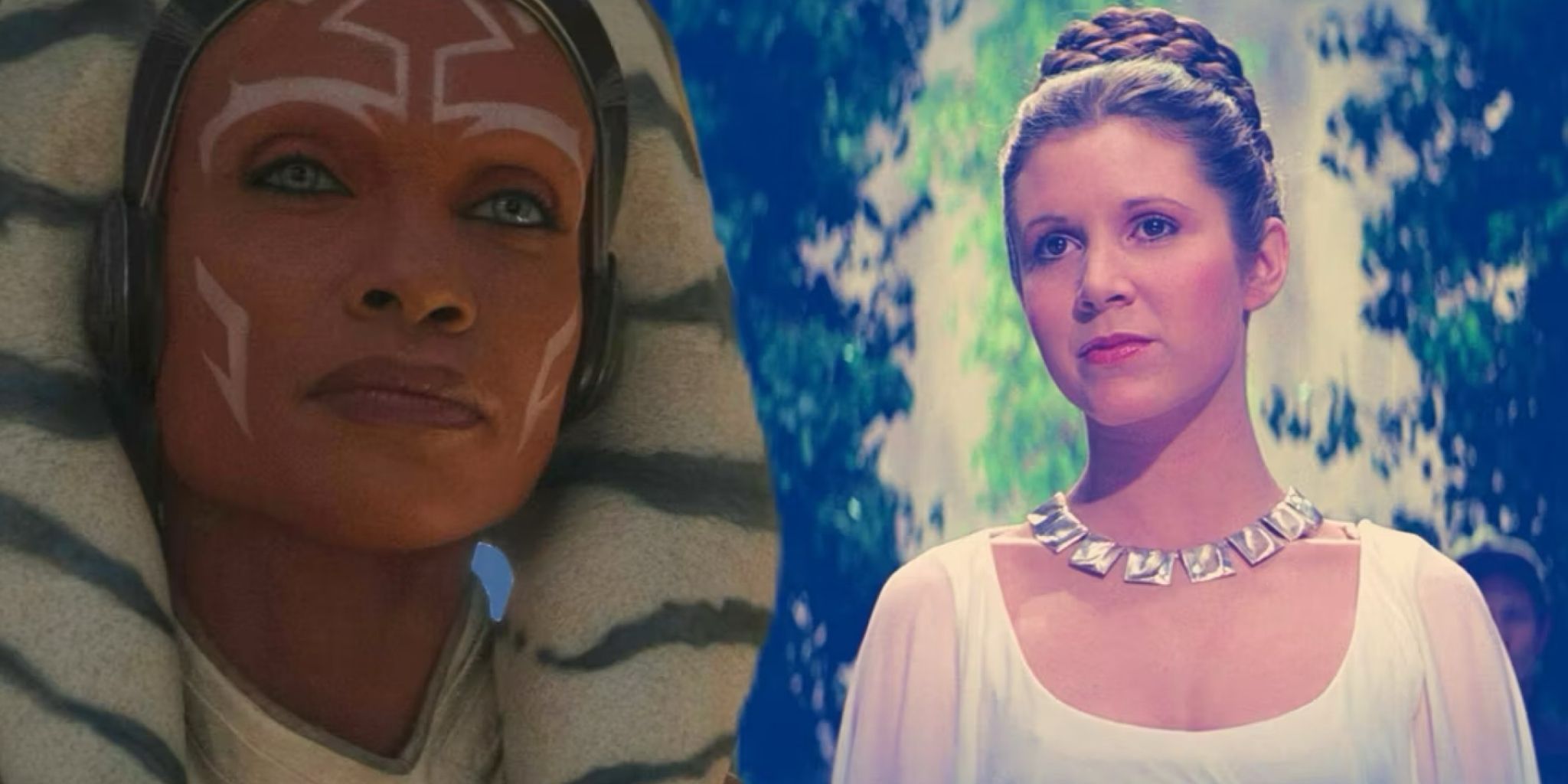 Ahsoka Tano as Ahsoka the White in the Ahsoka series superimposed over Carrie Fisher as Leia Organa in A New Hope