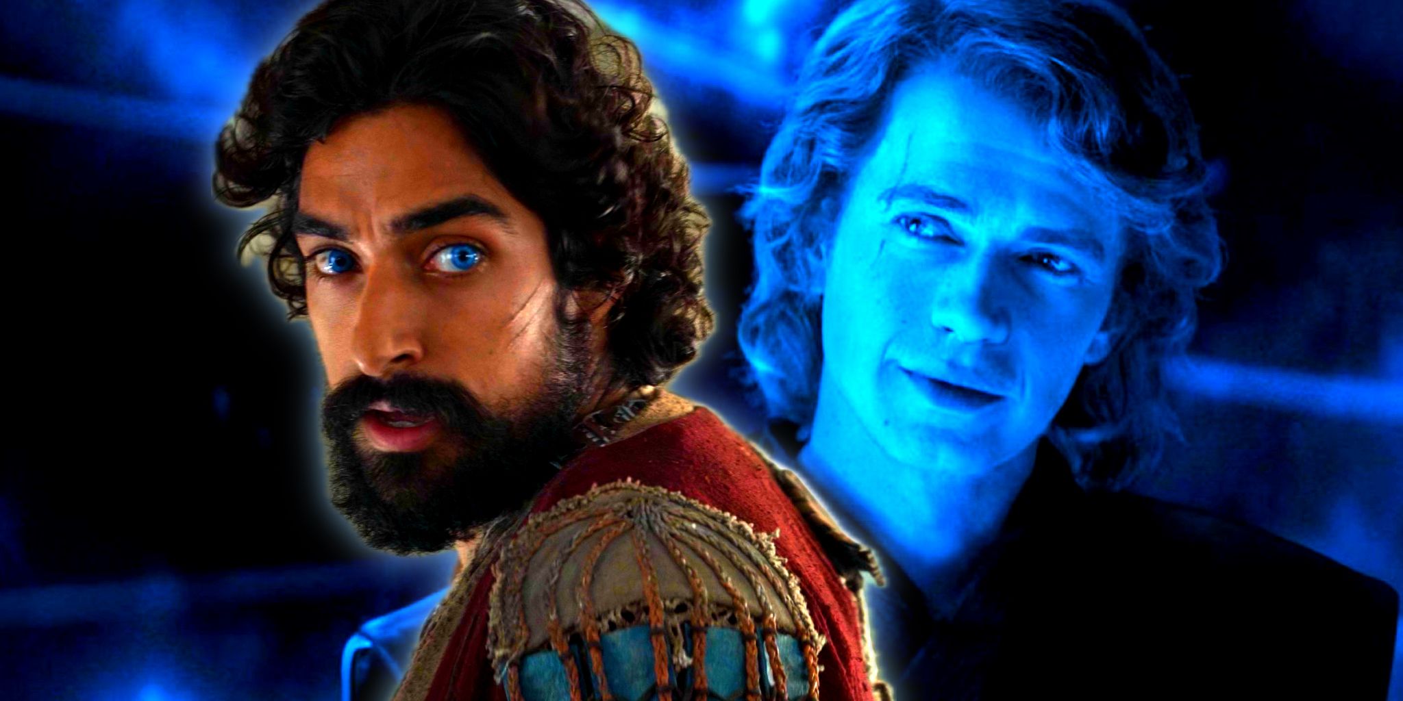 Eman Esfandi as Ezra Bridger looking back superimposed over Hayden Christensen as Anakin Skywalker in Ahsoka