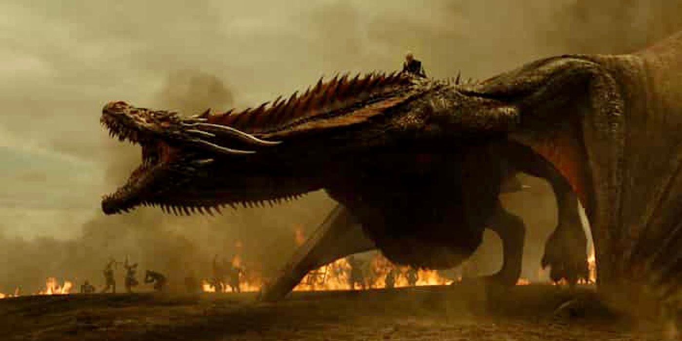 Daenerys riding her dragon Drogon in Game of Thrones.