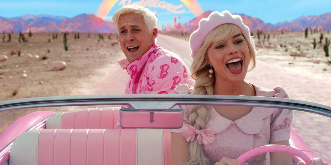 Barbie driving her car with Ken in the back in Barbie.