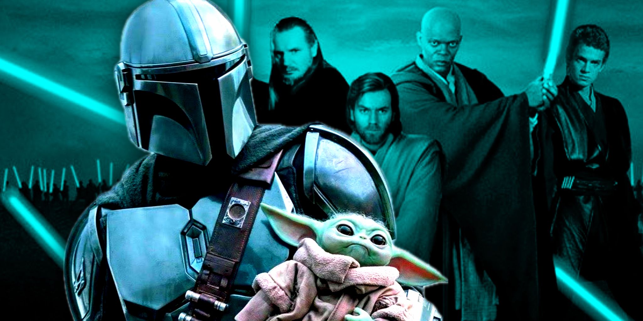 Din Djarin and Grogu in The Mandalorian season 2 superimposed over the Jedi of the prequel Star Wars trilogy