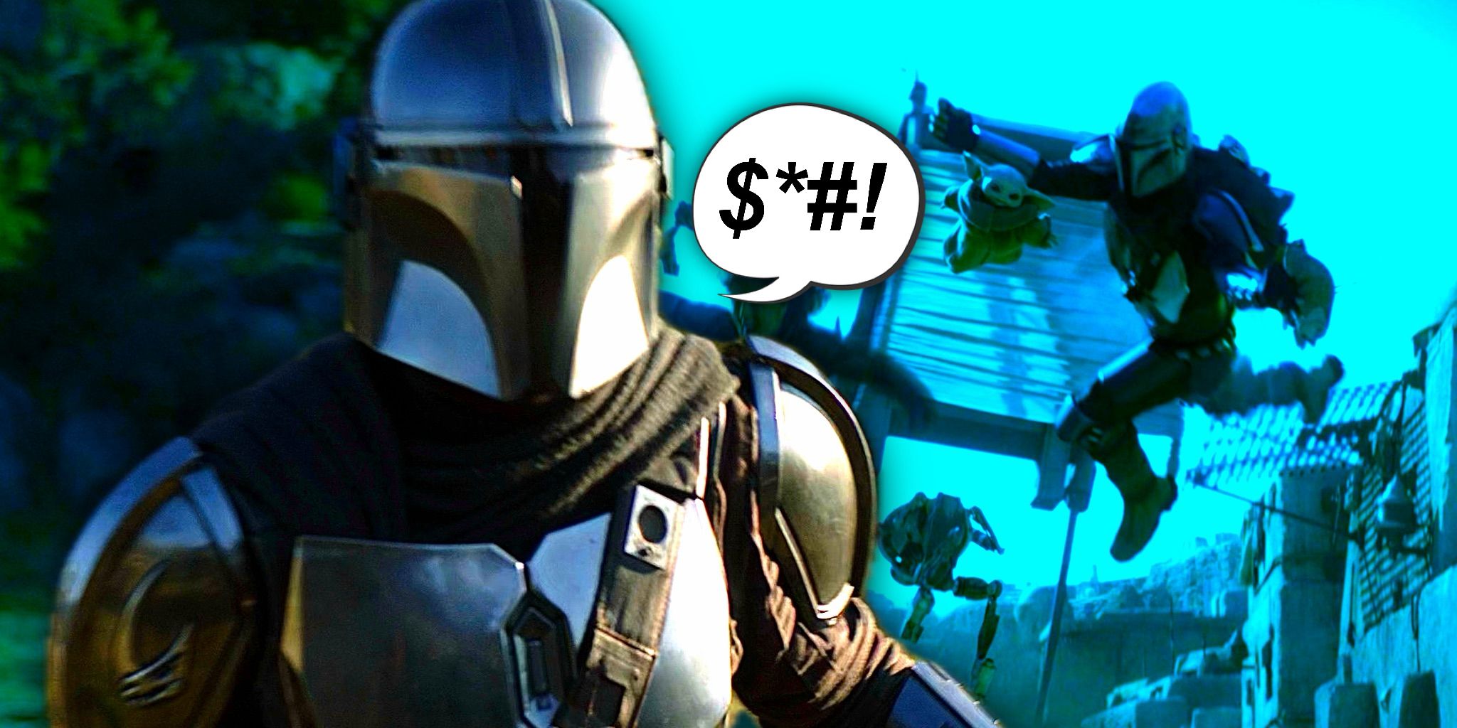 Din Djarin in The Mandalorian superimposed with a redacted speech bubble over him and Grogu midair in Mos Espa