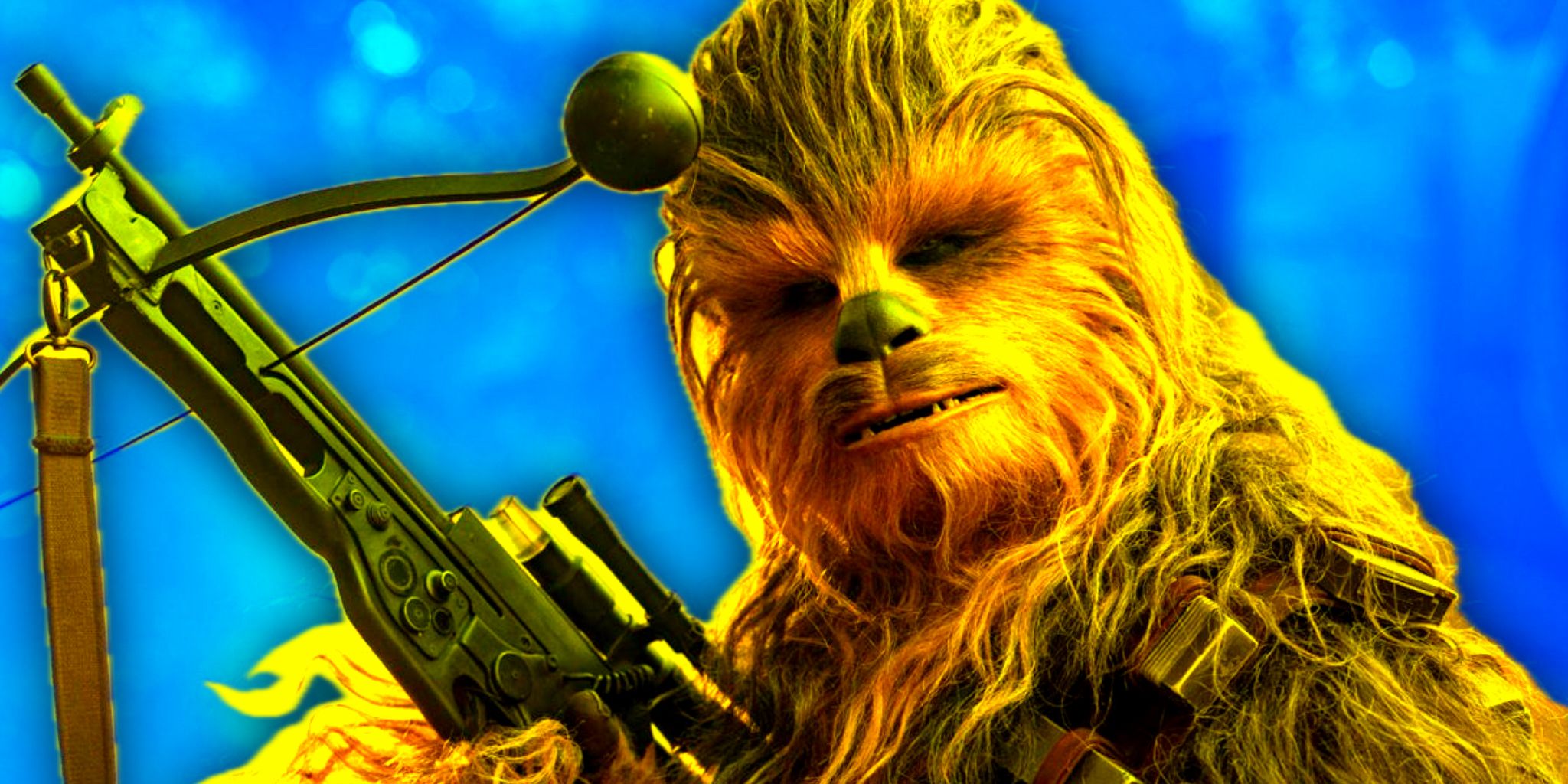 Chewbacca poses with his bowcaster in Star Wars