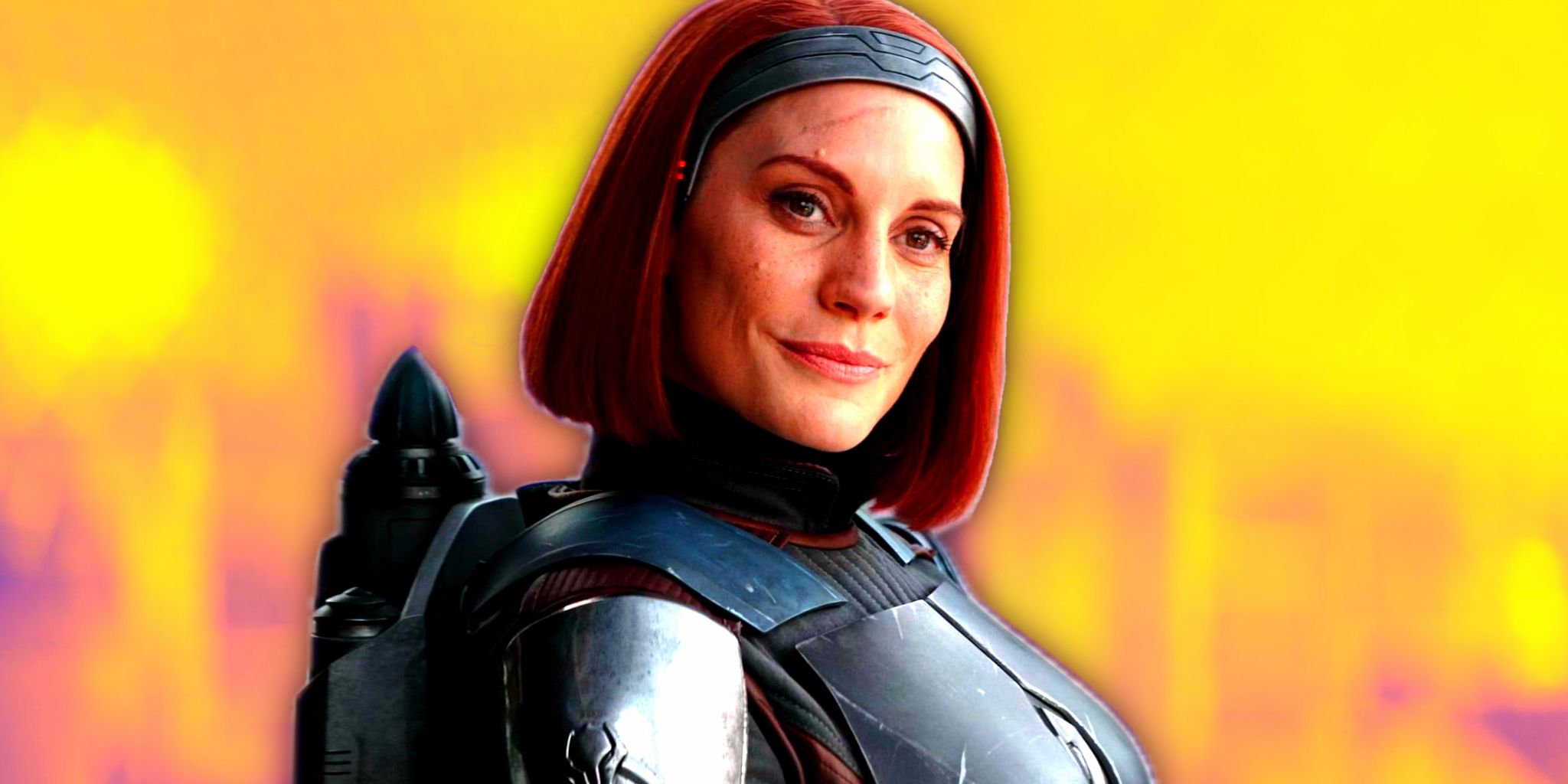 Katee Sackhoff as Bo-Katan Kryze smirks at Din Djarin in The Mandalorian season 3