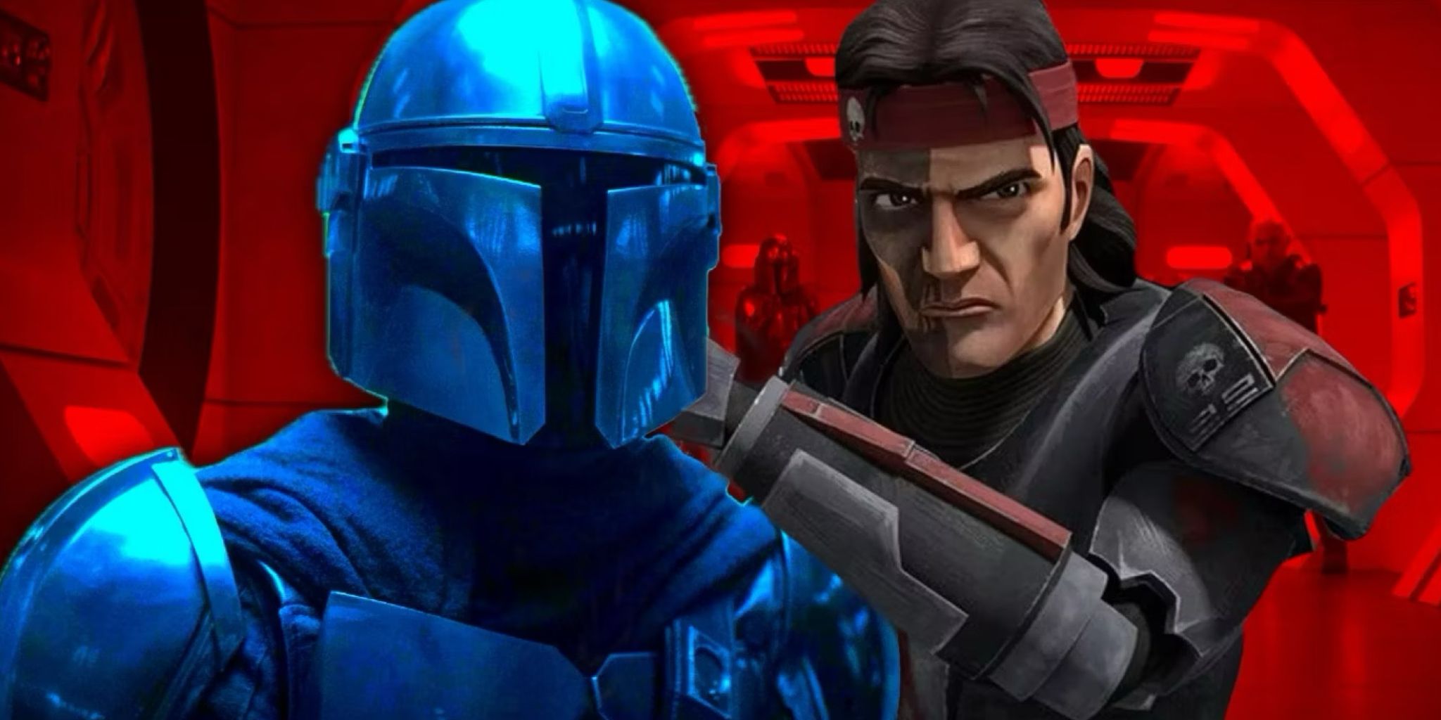 Din Djarin in The Mandalorian season 1 episode 6 superimposed over Hunter in The Bad Batch season 1