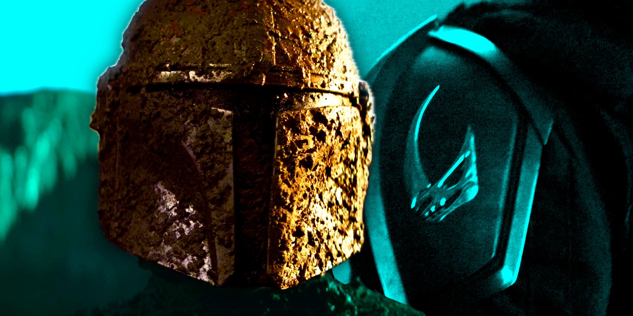 Din Djarin’s muddy helmet in The Mandalorian on Arvala-7 superimposed over his mudhorn signet