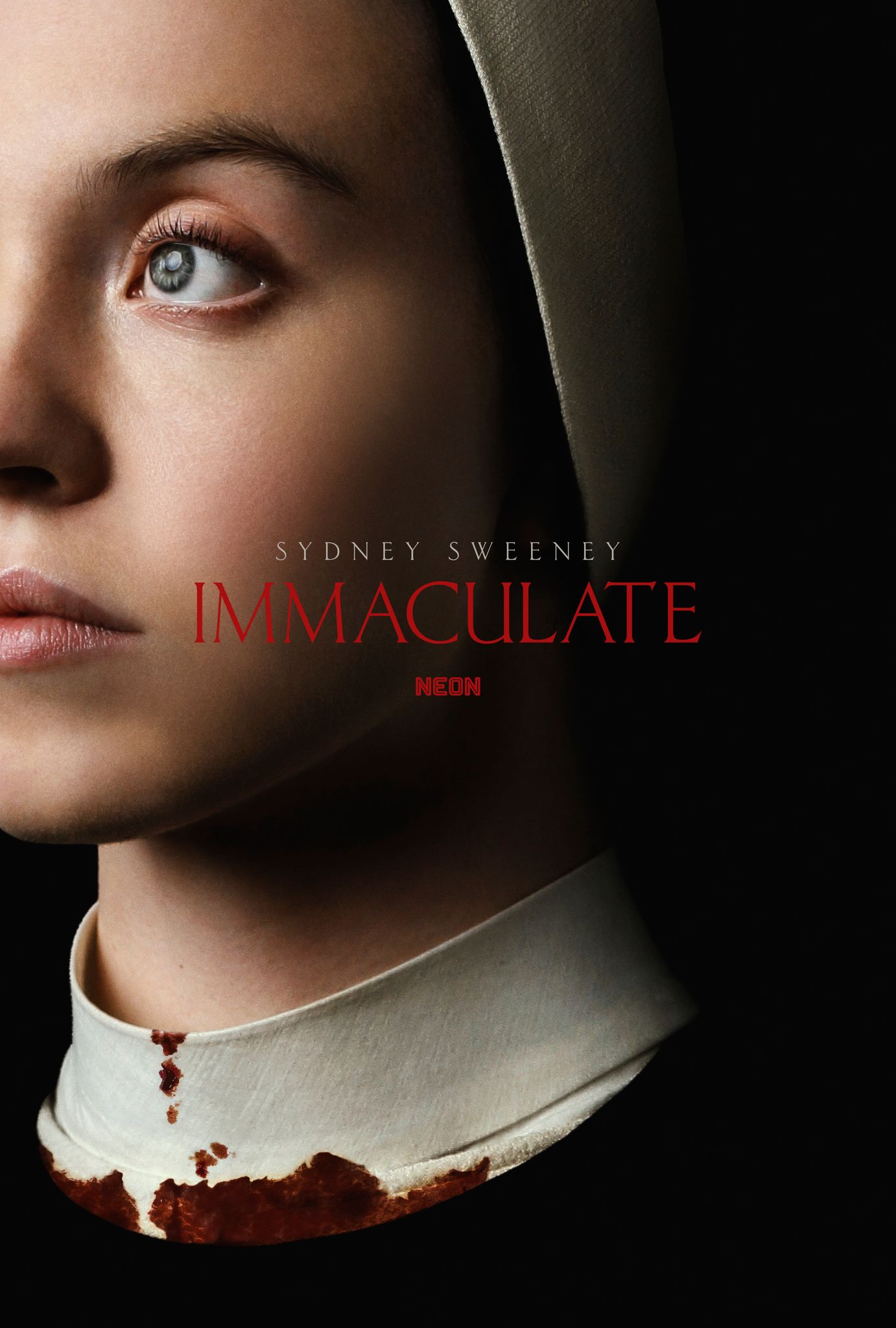 Immaculate Movie Poster Showing Sydney Sweeney Dressed as a Nun with Blood Around Her Collar