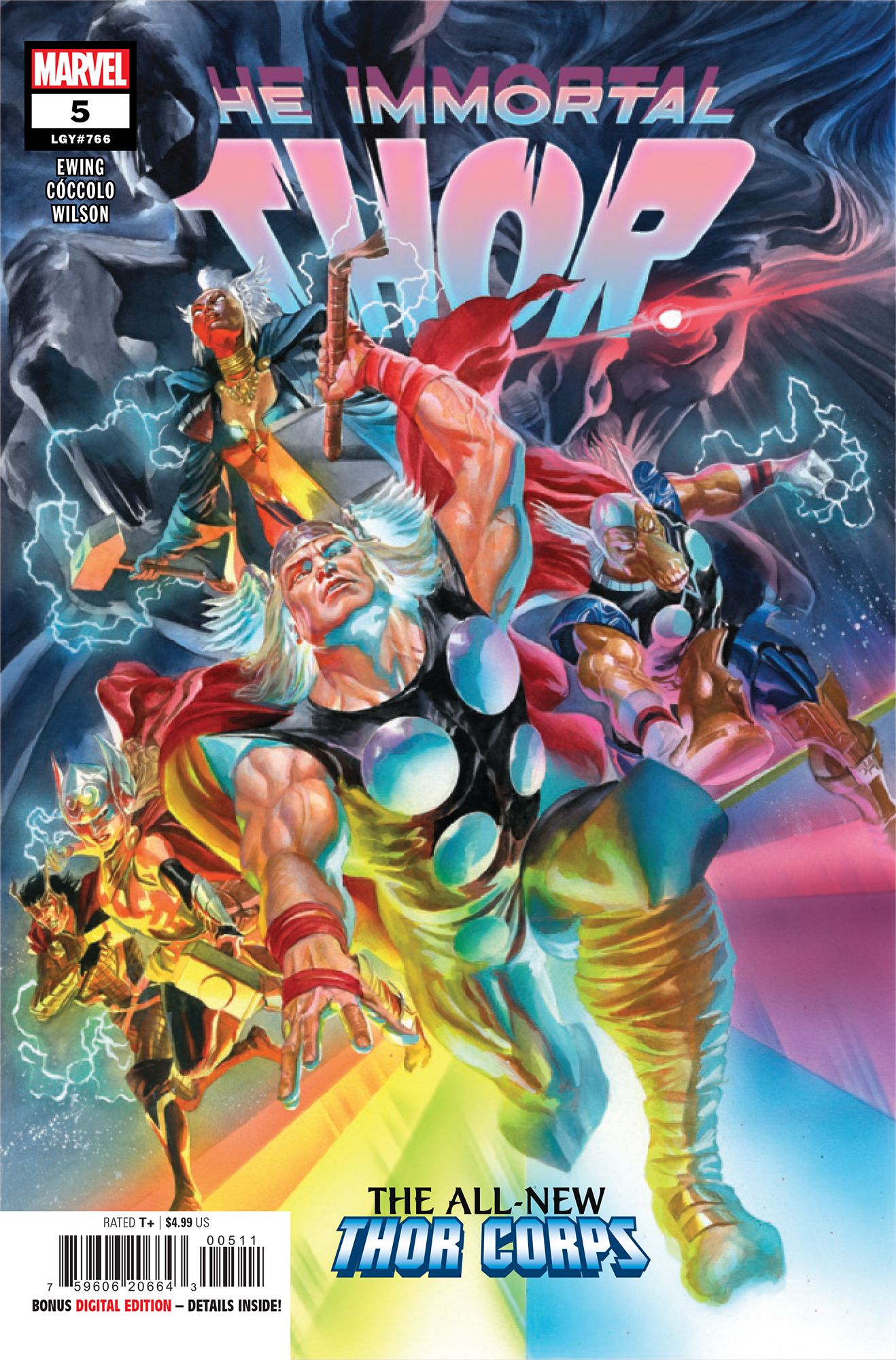 Immortal Thor #5 cover. Loki, Jane Foster, Storm, Beta-Ray Bill, and Thor cross the Bifrost towards the reader, each wielding their own Mjolnir.