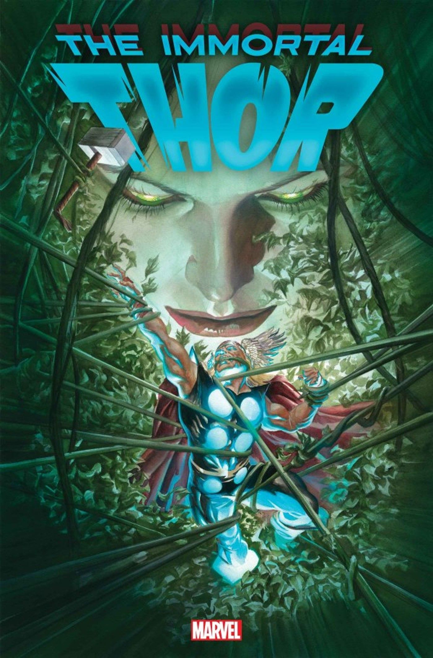 Cover to The Immortal Thor #8, showing Gaea looking down as her son is ensared in vines.