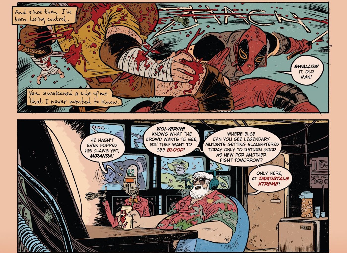 Wolverine bleeds during his fight with Deadpool’s son as Immortal Xtreme’s commentators watch.
