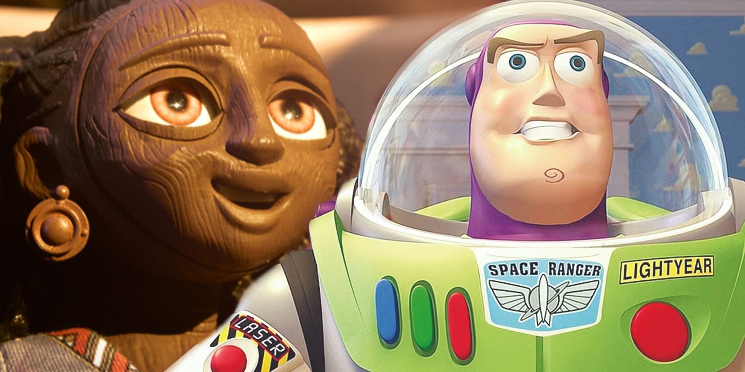 Wooden Doll looking up and smiling in Self and Buzz Lightyear pretending to be a normal toy in Toy Story