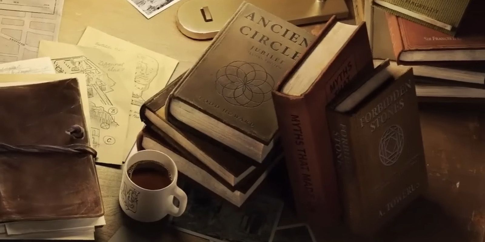 A stack of books on archaeology and myths in the teaser for the upcoming Indiana Jones game.