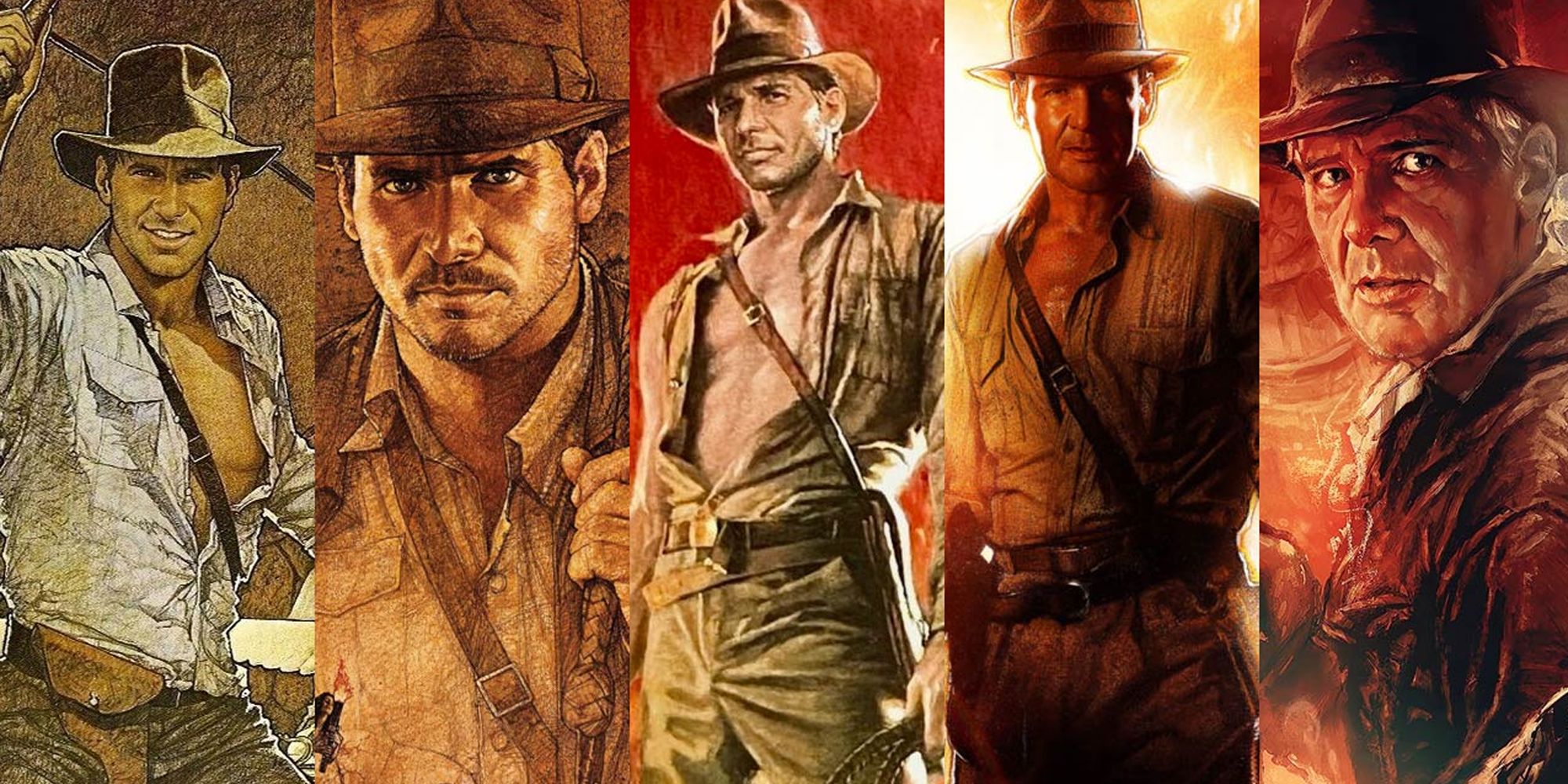A collage of Indiana Jones from each of the franchise's five main movies.
