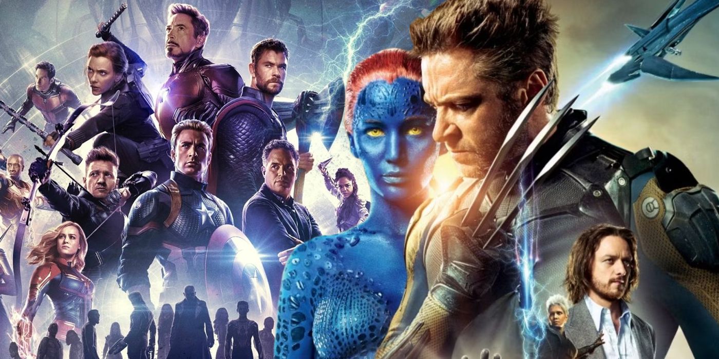 Imagem dividida do elenco do MCU e do pôster de X-Men: Dias de um Futuro Esquecido com Mística e Wolverine