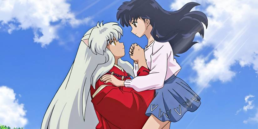 Inuyasha lifts Kagome as they hold hands from Inuyasha.