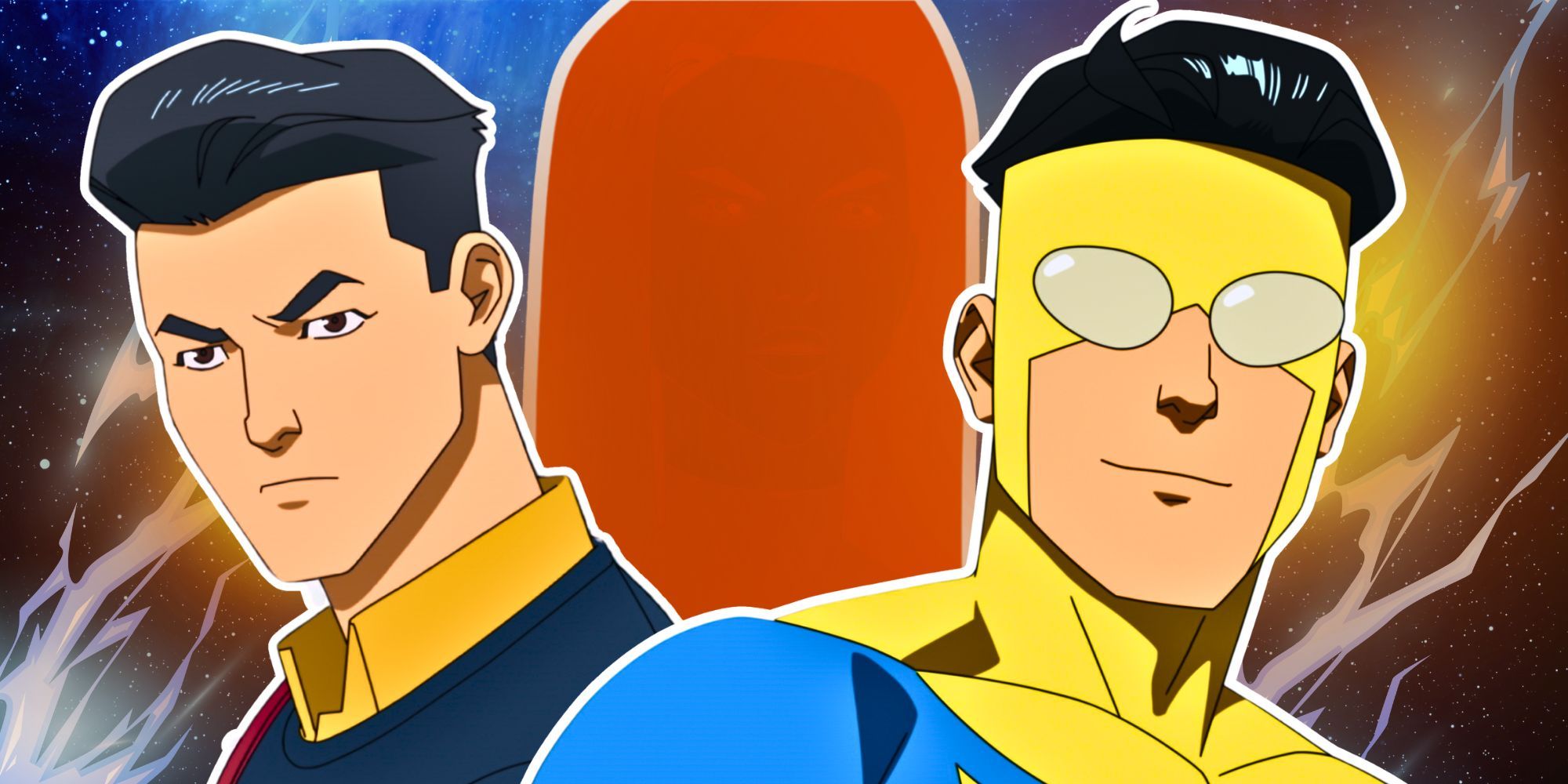 Mark Grayson in casual clothes and in Invincible costume with Atom Eve silhouette in Invincible