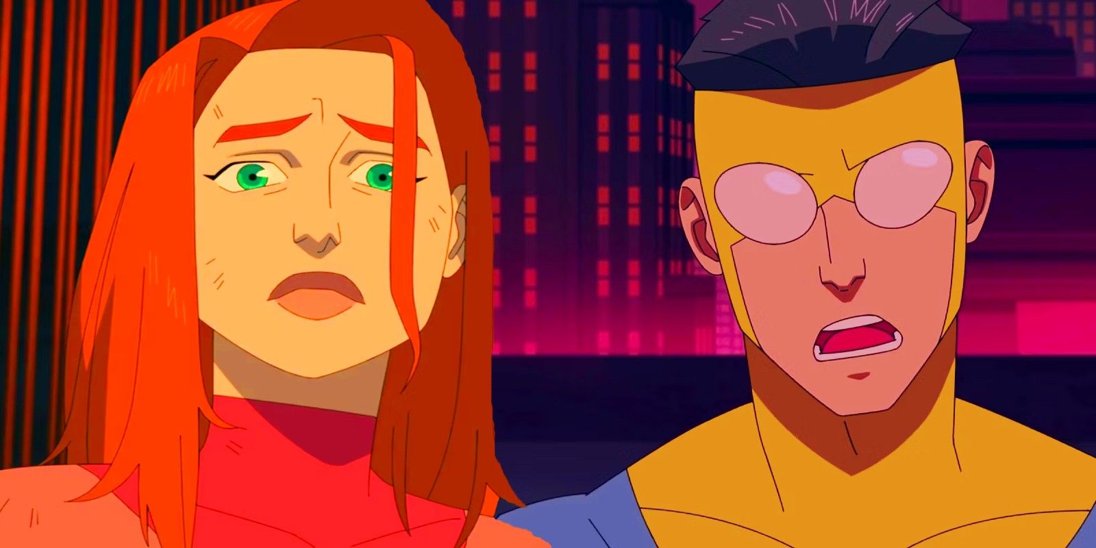 Atom Eve looking sad and Mark Grayson as Invincible looking angry in Invincible season 2