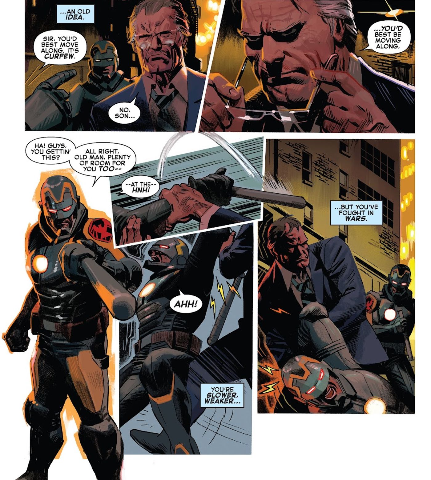 Avengers: Twilight #1, an elderly Steve Rogers fights a group of Iron Cops.