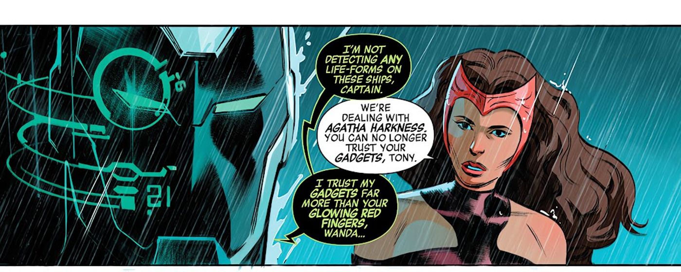 Iron Man tells Scarlet Witch he trusts his gadgets more than her glowing red fingers.