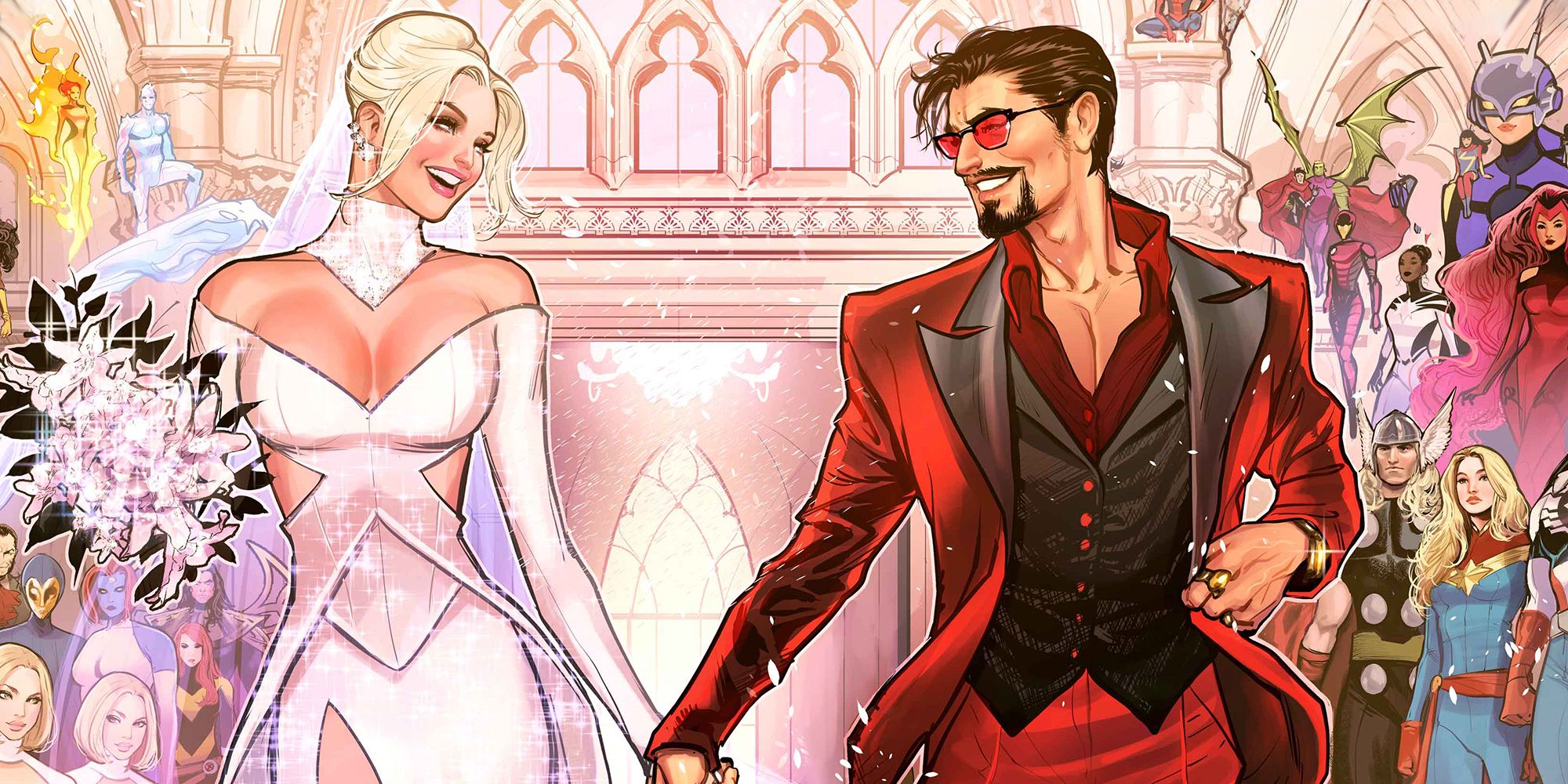Iron Man Tony Stark marries Emma Frost, image of their wedding at the comics of both of them being very fashionable