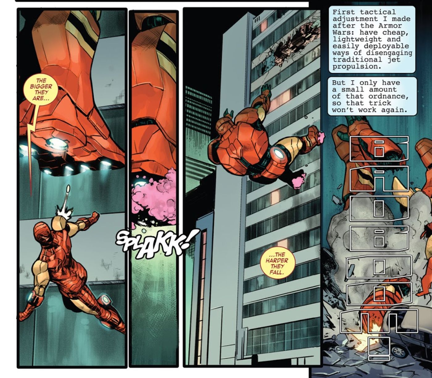 Iron Man stops a Stark Sentinel from attacking and sends it crashing to the ground.