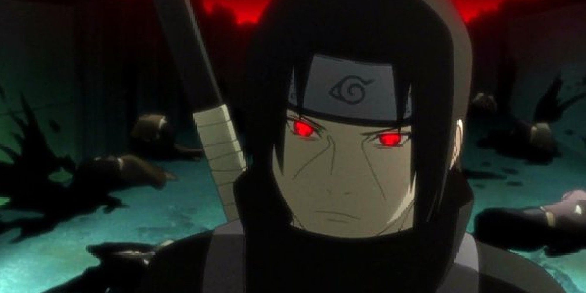 Close up of Itachi with the dead bodies of the Uchiha behind him