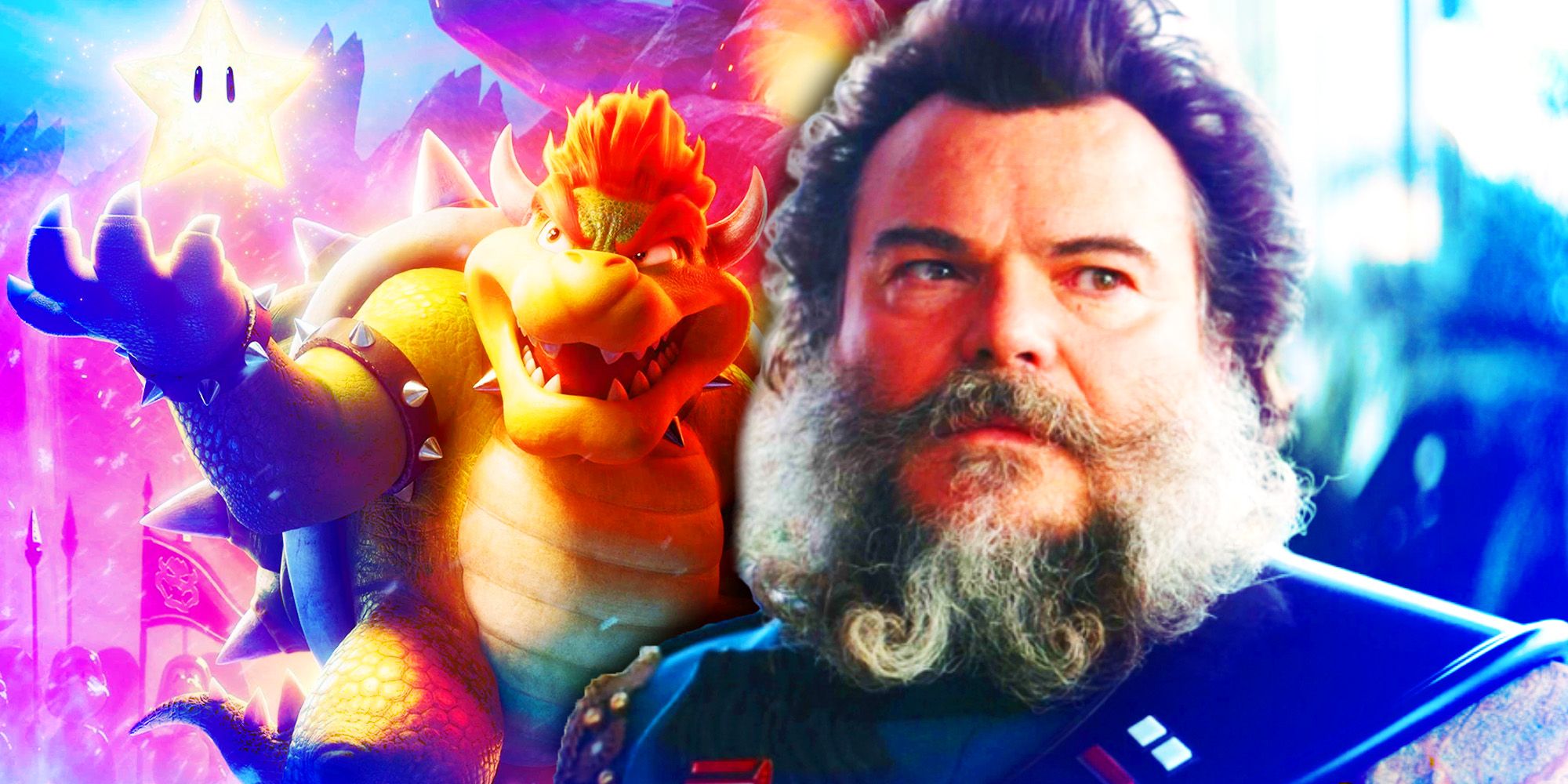 Jack Black with beard next to Bowser holding a star in The Super Mario Bros. Movie