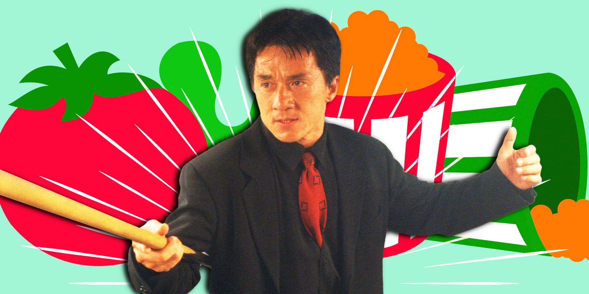 Jackie Chan from Rush Hour with Rotten Tomatoes logos in background