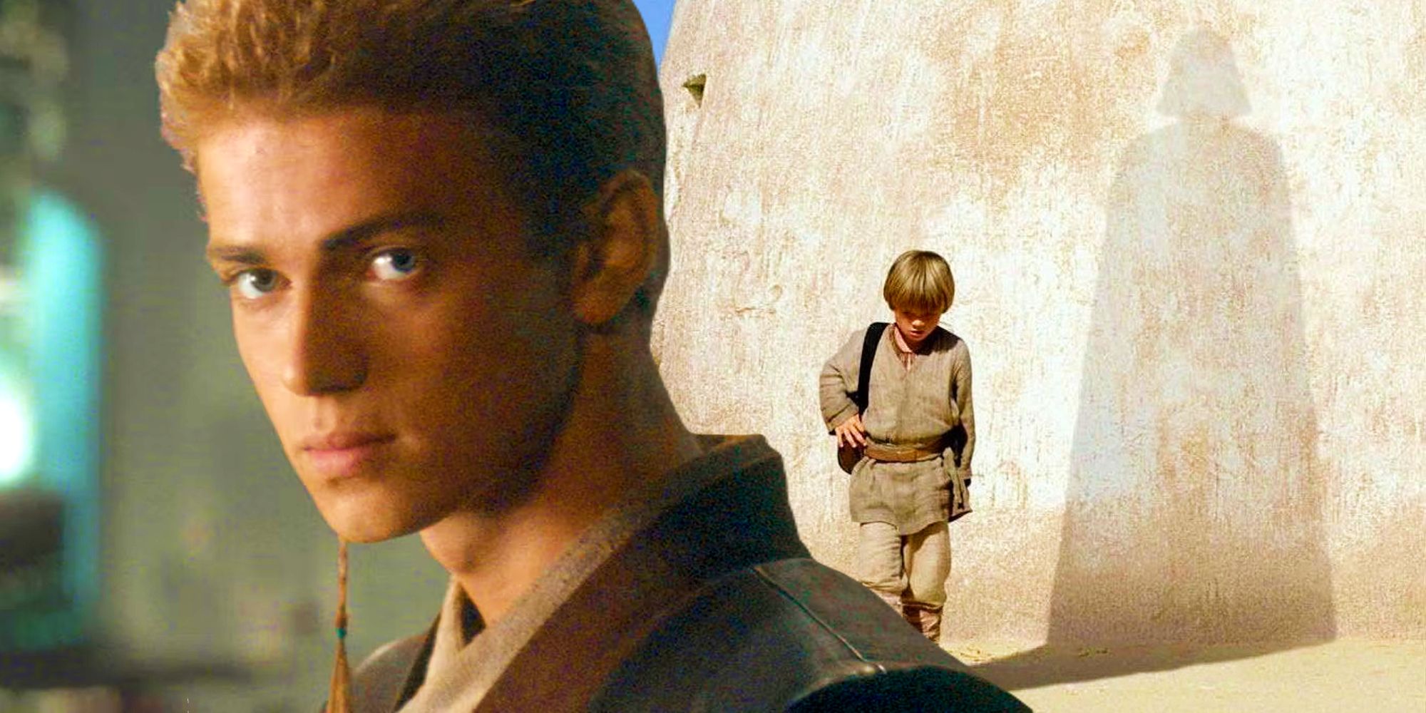 Jake Lloyd as Anakin Skywalker in the poster for The Phantom Menace next to Hayden Christensen as Anakin from Attack of the Clones