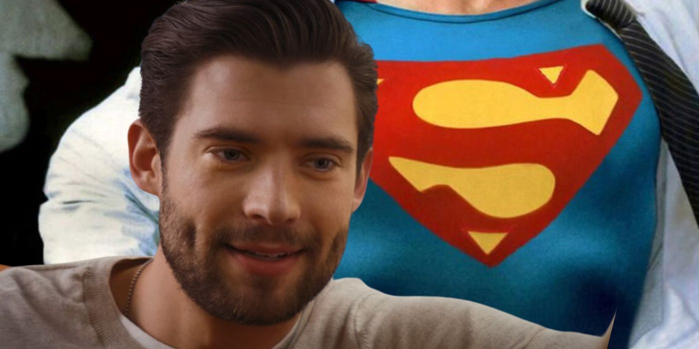 Superman: Legacy star David Corenswet in front of Superman shirt rip