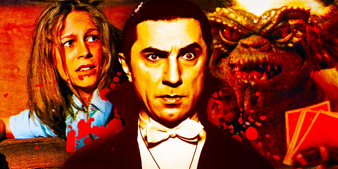 Jamie Lee Curtis as Laurie Strode in Halloween next to Bela Lugosi as Dracula and Stripe from Gremlins