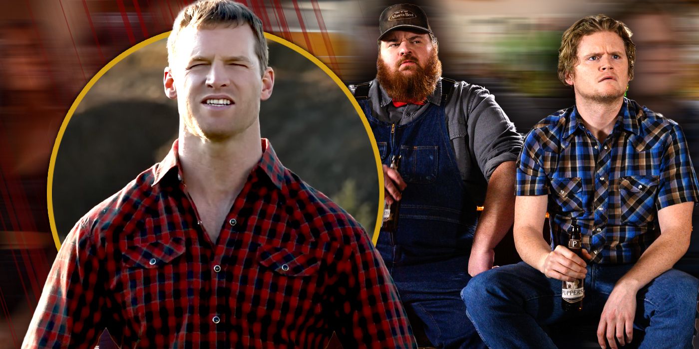 Jared Keeso as Wayne giving cold open and Daryl and Dan looking surprised in Letterkenny Exclusive header