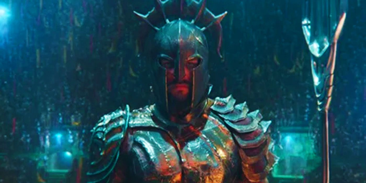 Jason Momoa in battle armor in 2018's Aquaman