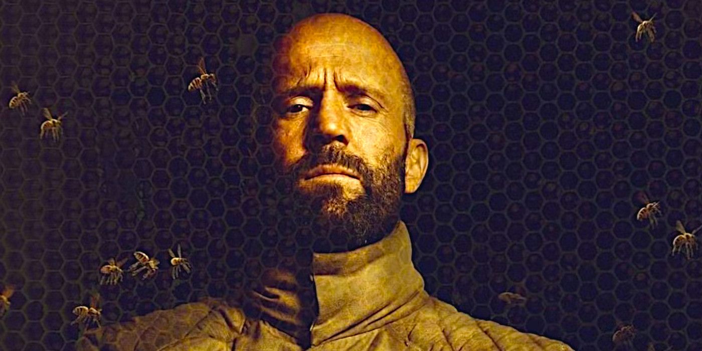 Jason Statham glares menacingly while surrounded by bees in a poster image for The Beekeeper.