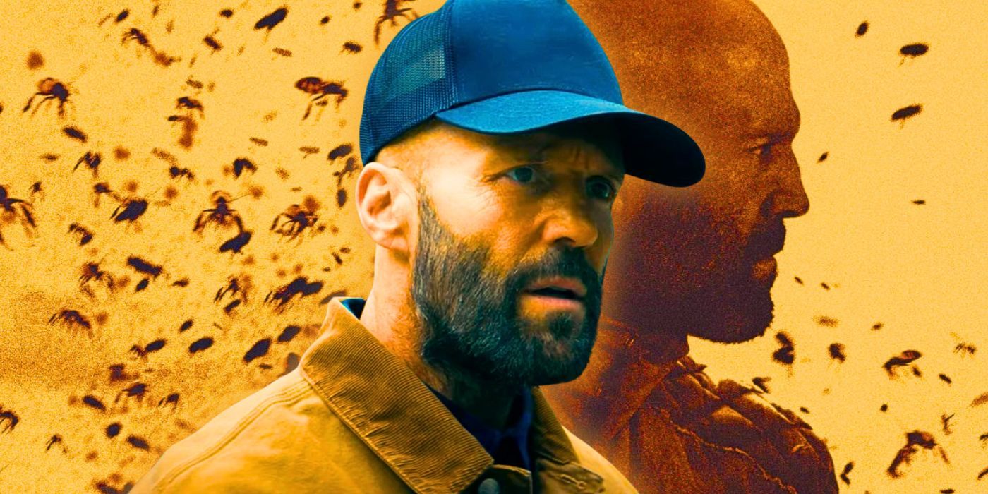 Jason Statham looking surprised in The Beekeepers with movie poster background