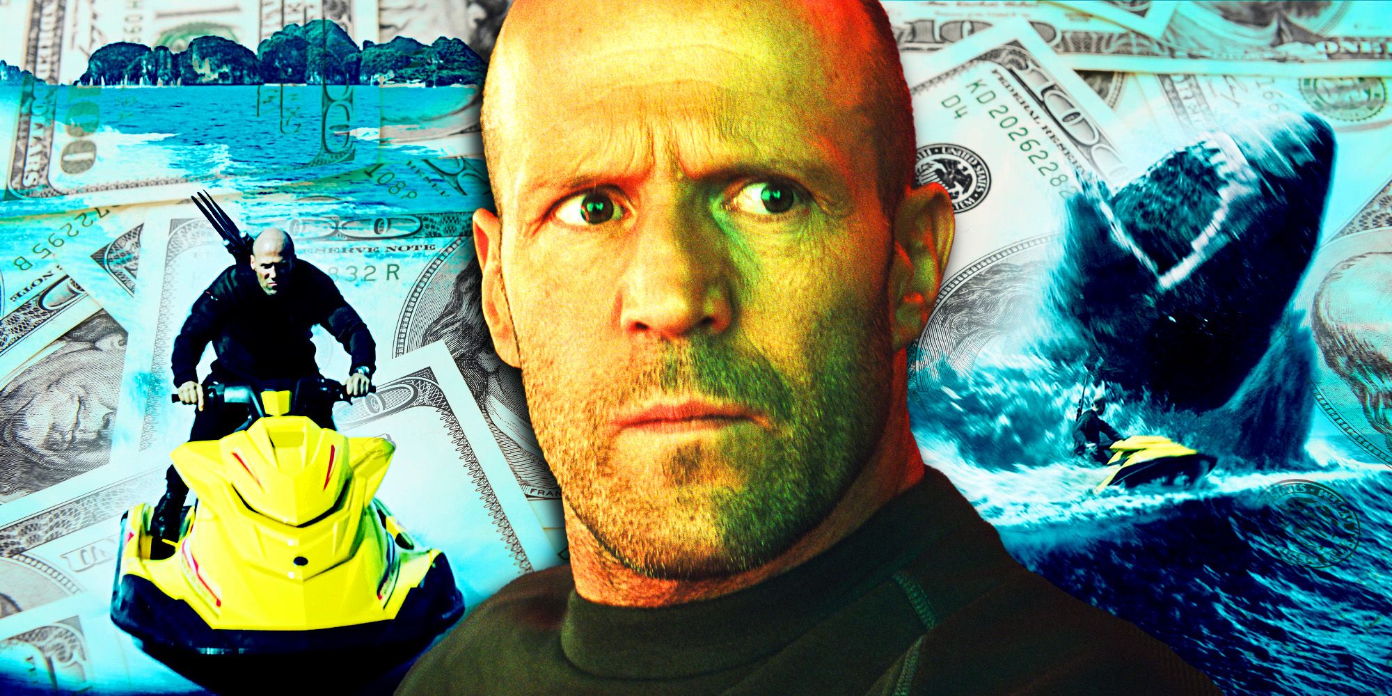 A custom image of Jason Statham looking stern against a backdrop of images from The Meg