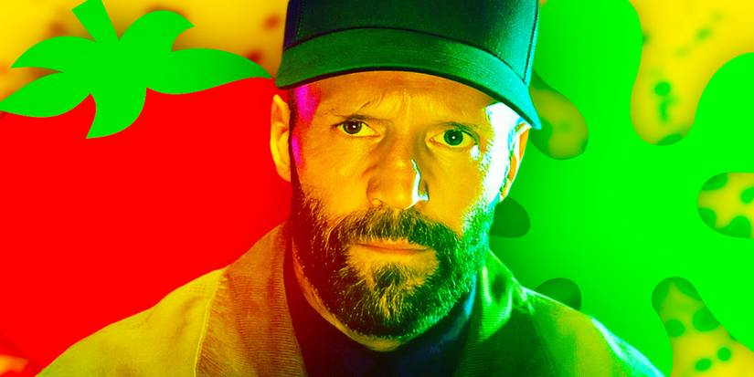 Jason Statham in The Beekeeper with Rotten Tomatoes logos behind him