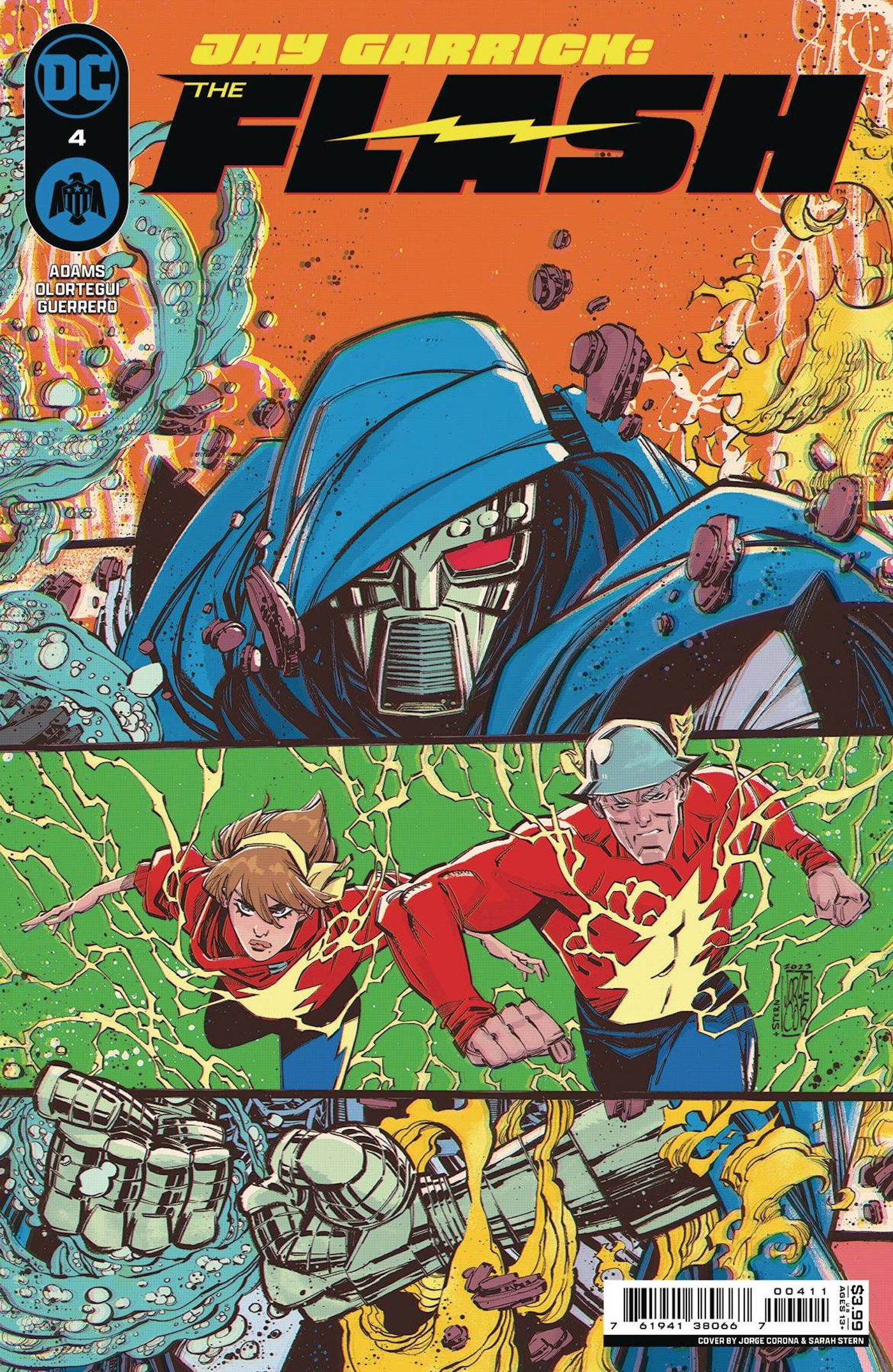 Jay Garrick The Flash 4 Main Cover: A man in a metal mask and blue cape looms over two speedsters in red shirts.