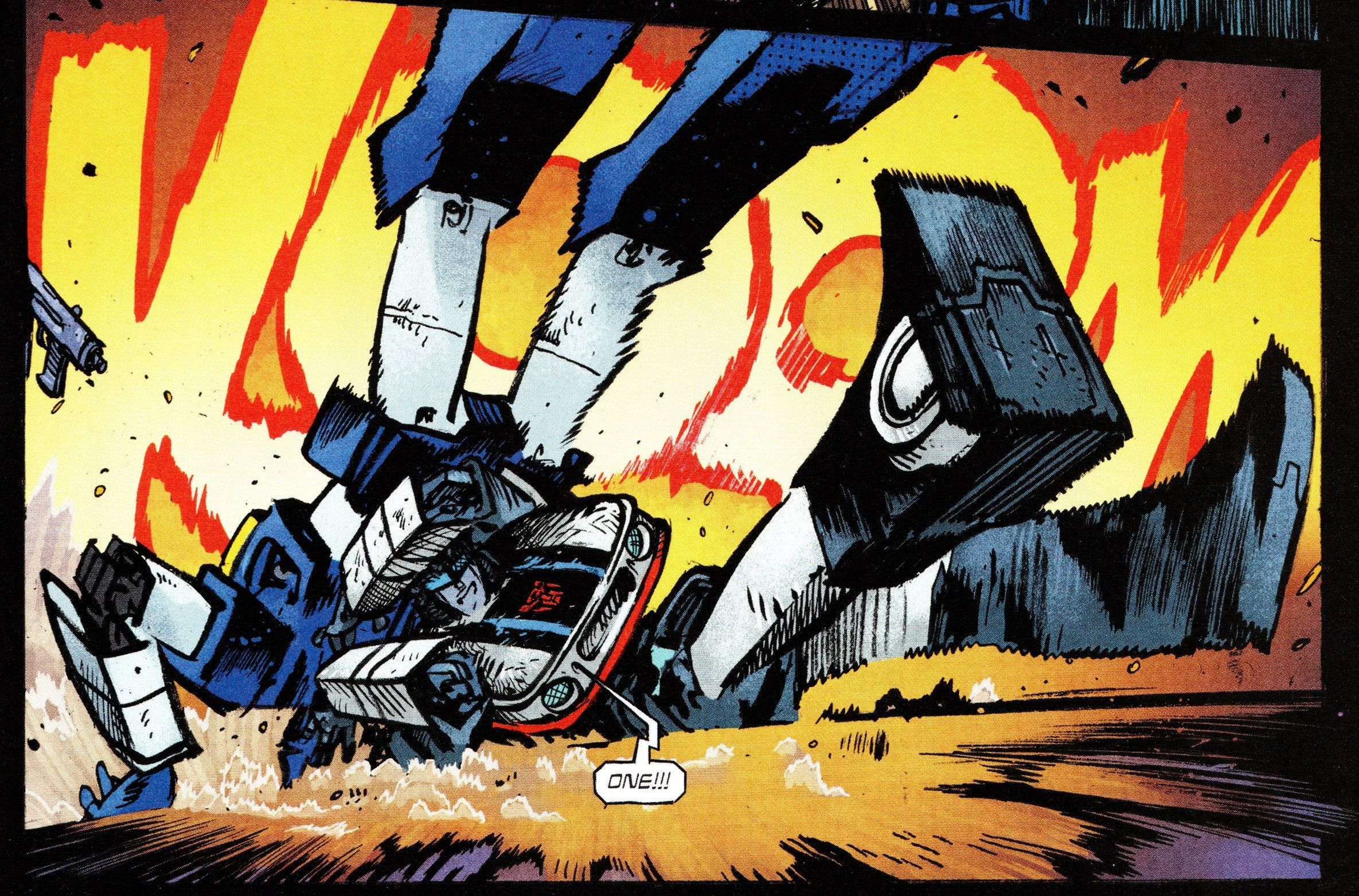 Comic book panel: Transformers Jazz and Soundwave battling.
