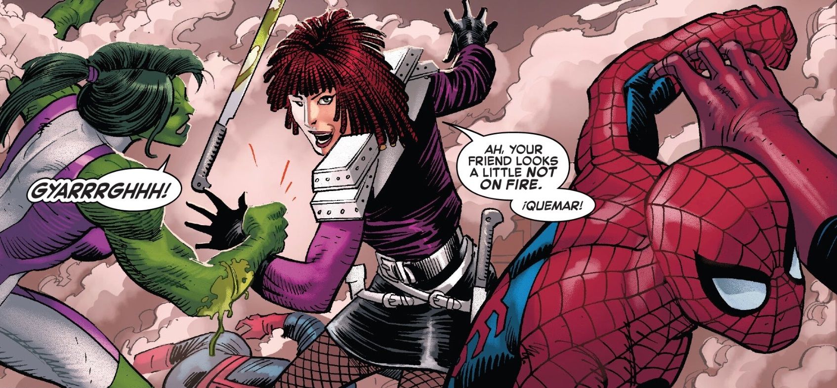 She-Hulk's blood drips conspicuously from the wound in her arm as she sends Typhoid Mary's sword - also coated in green blood - flying from Mary's hands. Mary's attention is on Spider-Man, who she is about to set on fire.