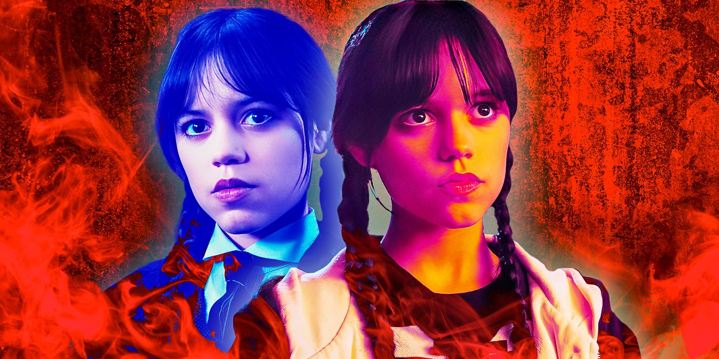 Custom image with a pinkish and blue images of Jenna Ortega as Wednesday against a red background