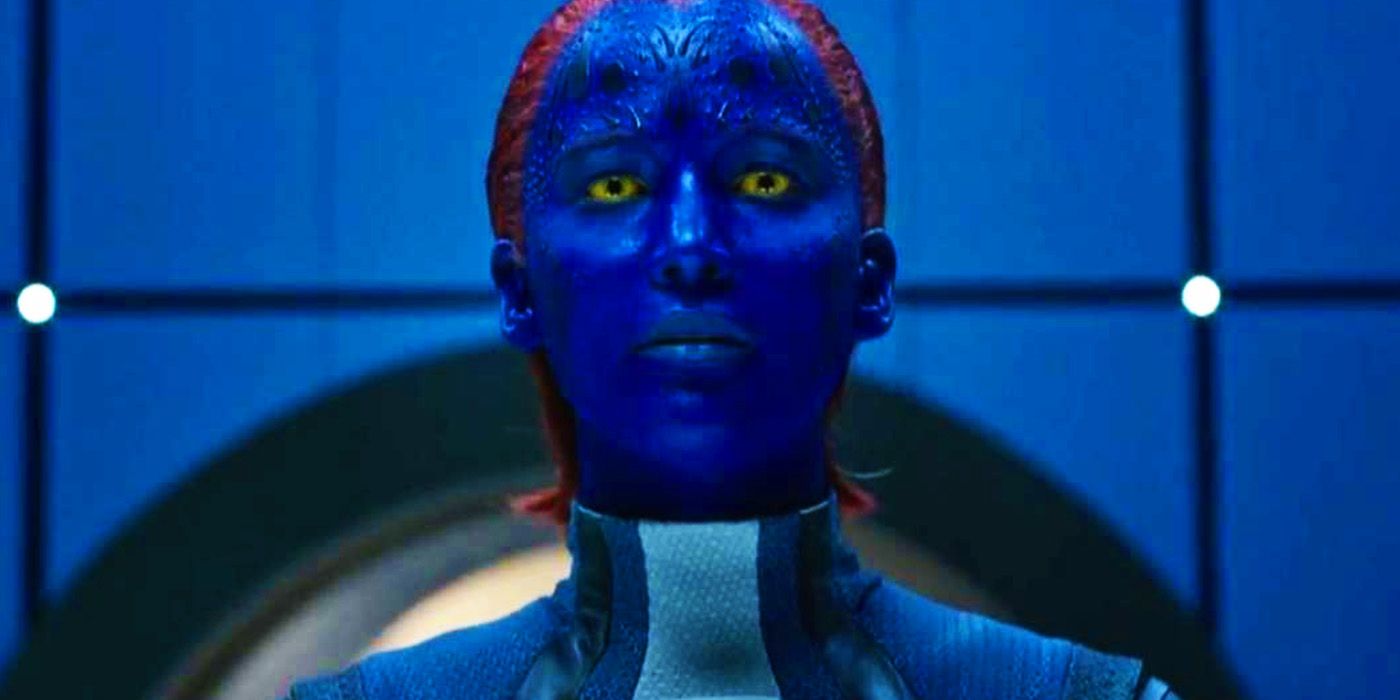 Mística de Jennifer Lawrence em traje branco em X-Men Apocalypse