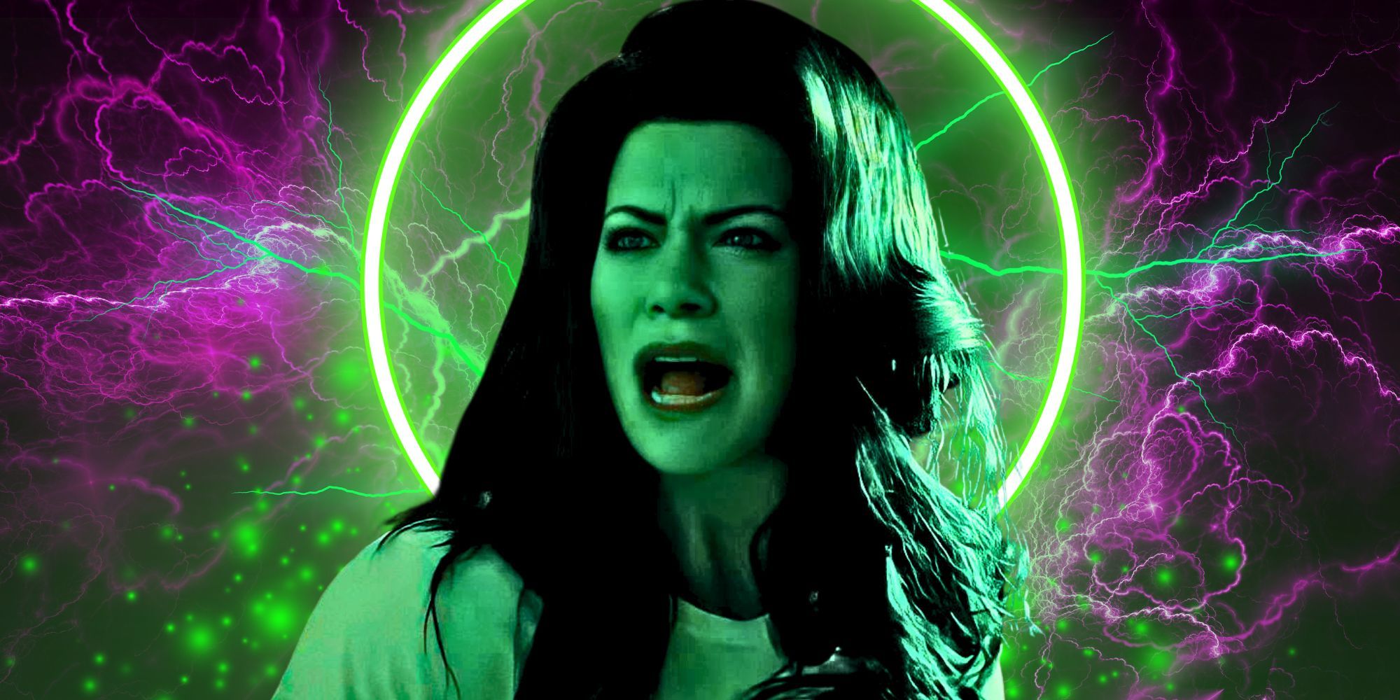 Jennifer Walters' She-Hulk screaming in front of purple and green background