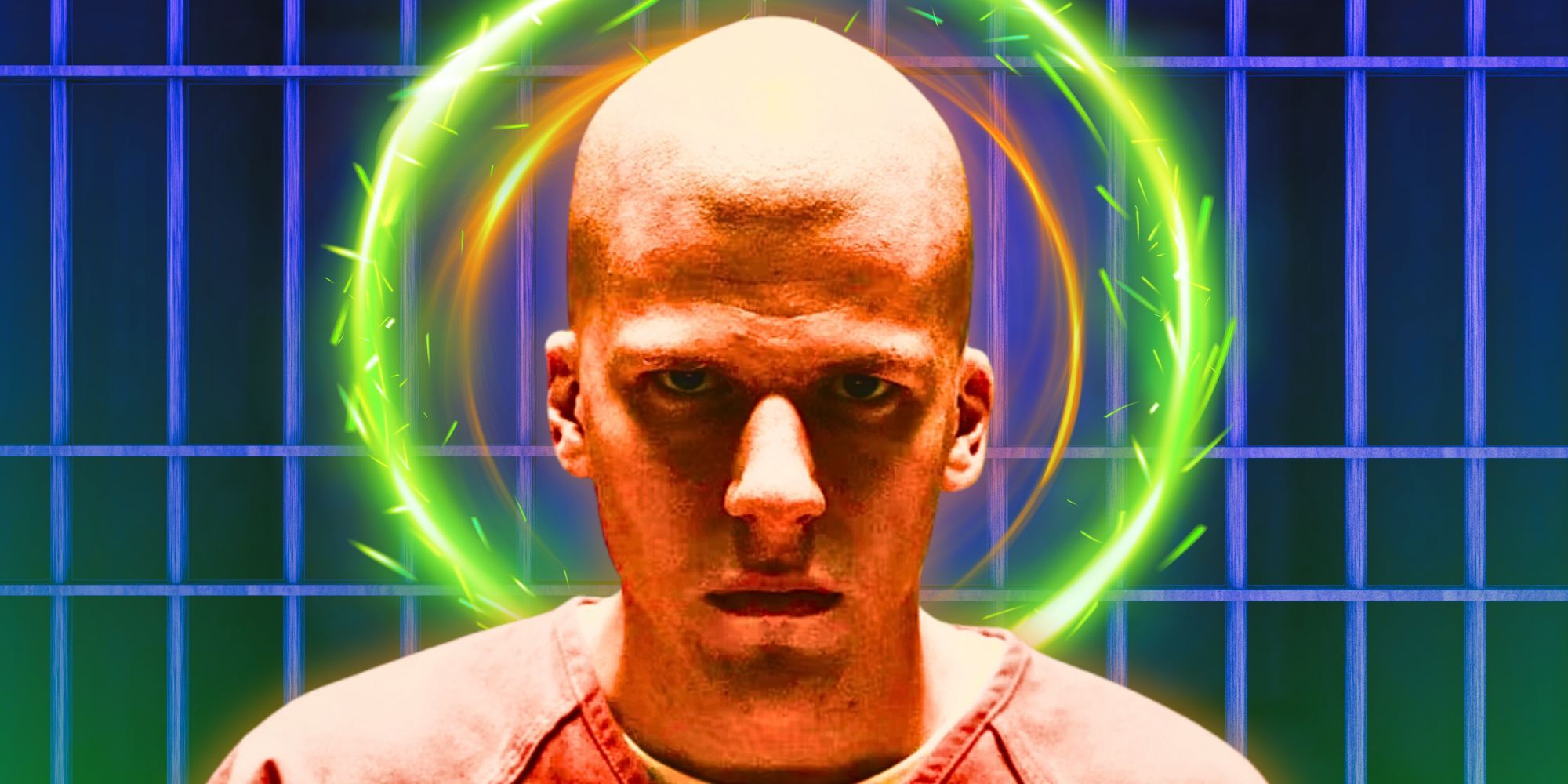 Jese Eisenberg looking serious as Lex Luthor with a halo in his background